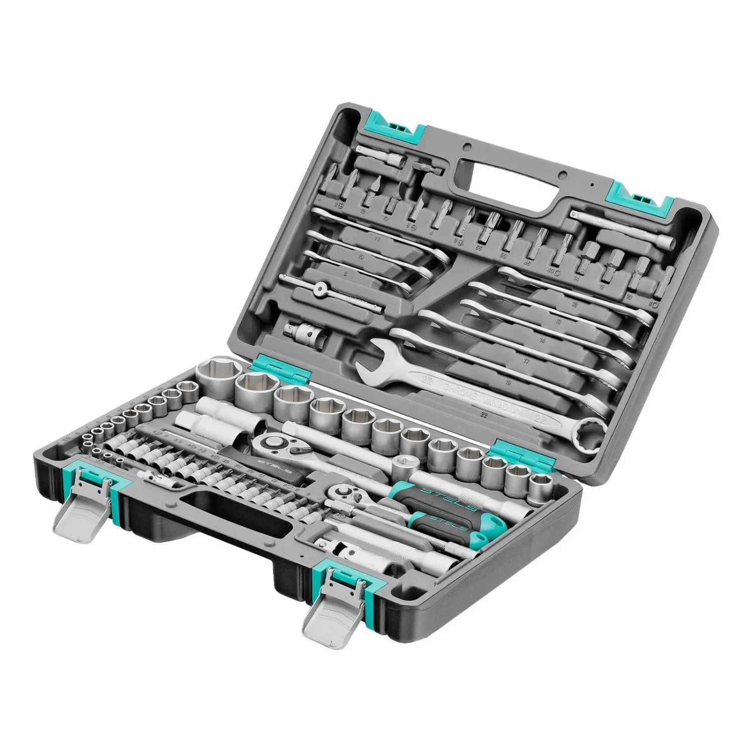 Набор инструментов, 1/2", 1/4", CrV, пластиковый кейс 82 предмета Stels купить