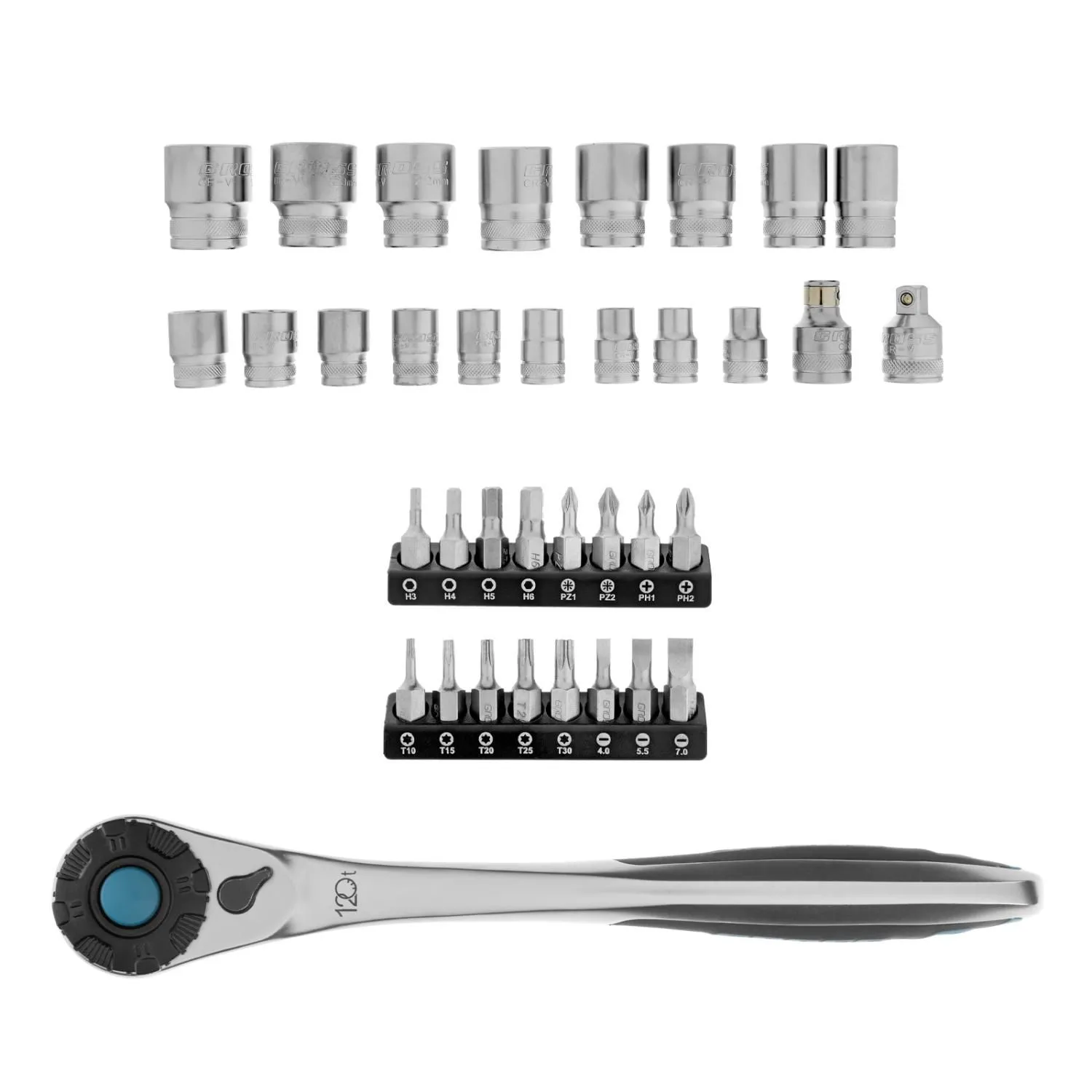 Набор торцевых головок, трещотка 120 зубьев, 1/2", CrV, 36 предметов Gross купить