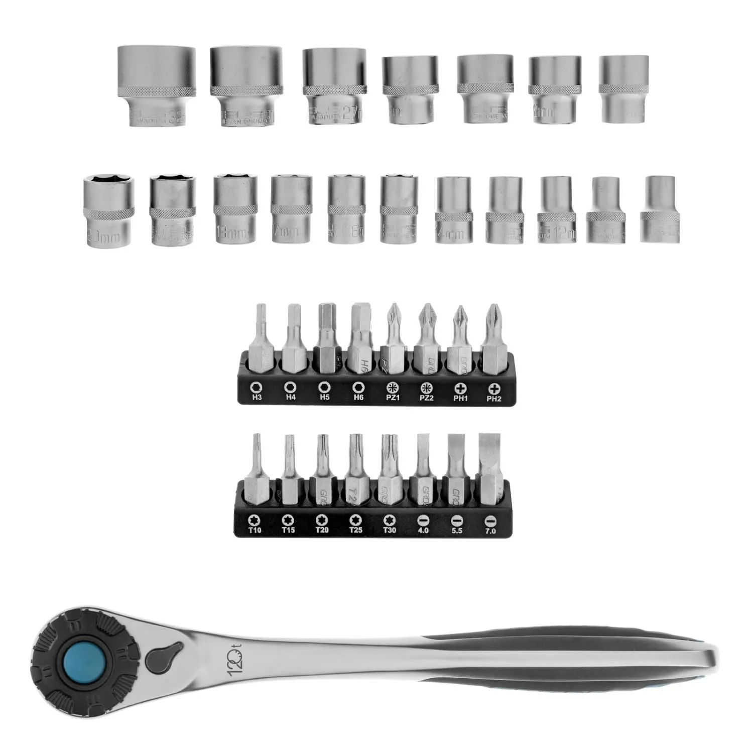 Набор торцевых головок, трещотка 120 зубьев, 1/2",3/8”, CrV, 36 предметов Gross фото товара COMPASS MARKET Набор торцевых головок, трещотка 120 зубьев, 1/2",3/8”, CrV, 36 предметов Gross купить